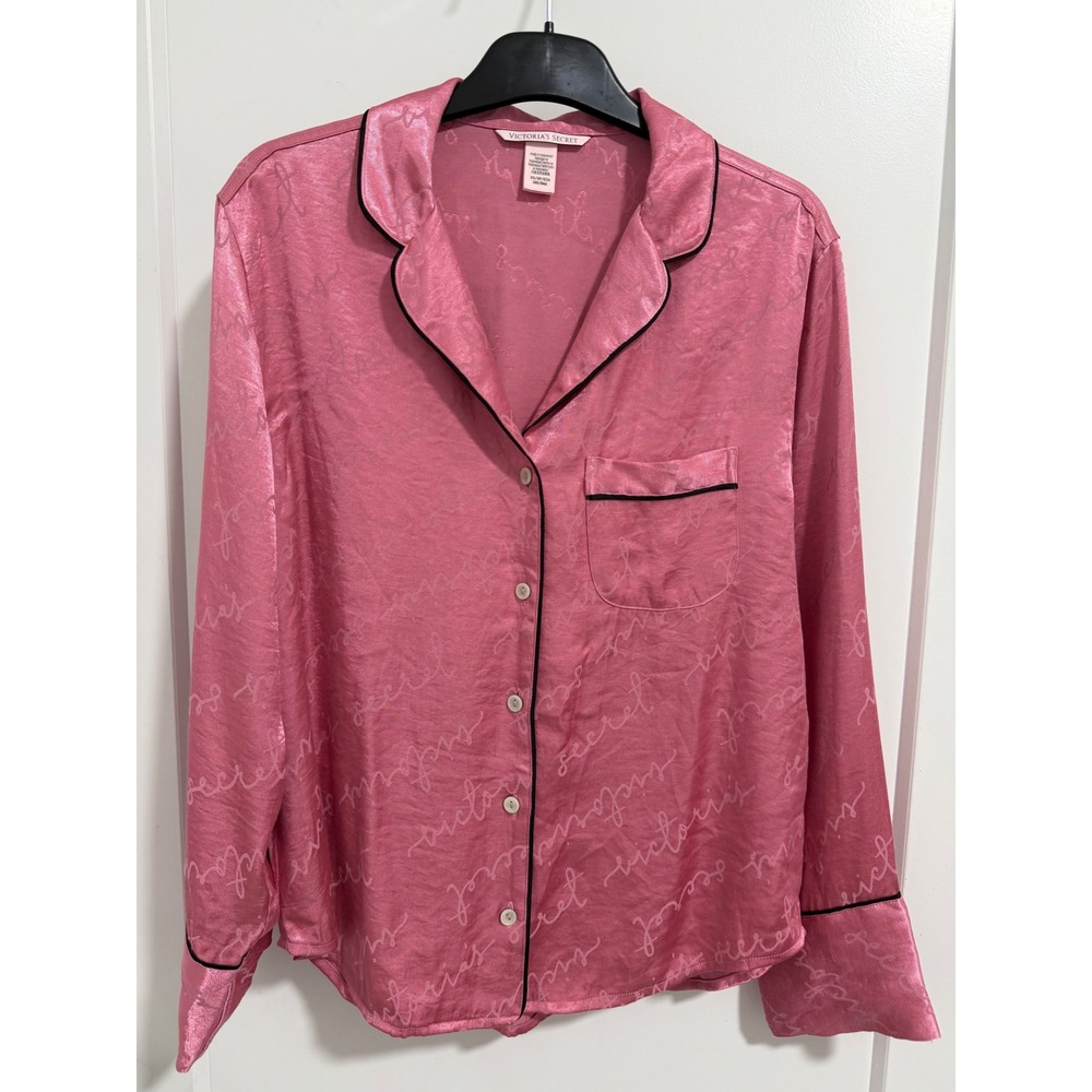 Victoria's Secret Pink Satin Logo Jacquard Pajama Top Button Down XS Long Sleeve